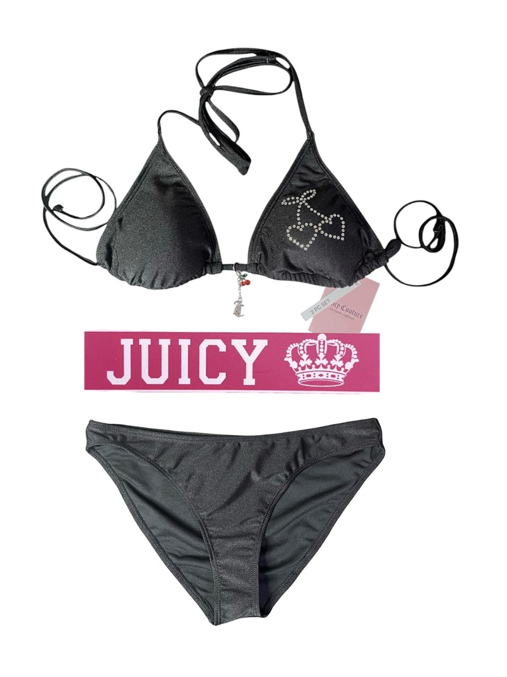 Juicy Couture 2-pc Bikini Black Triangle Tie-Strap Rhinestone Cherry Med NEW NWT